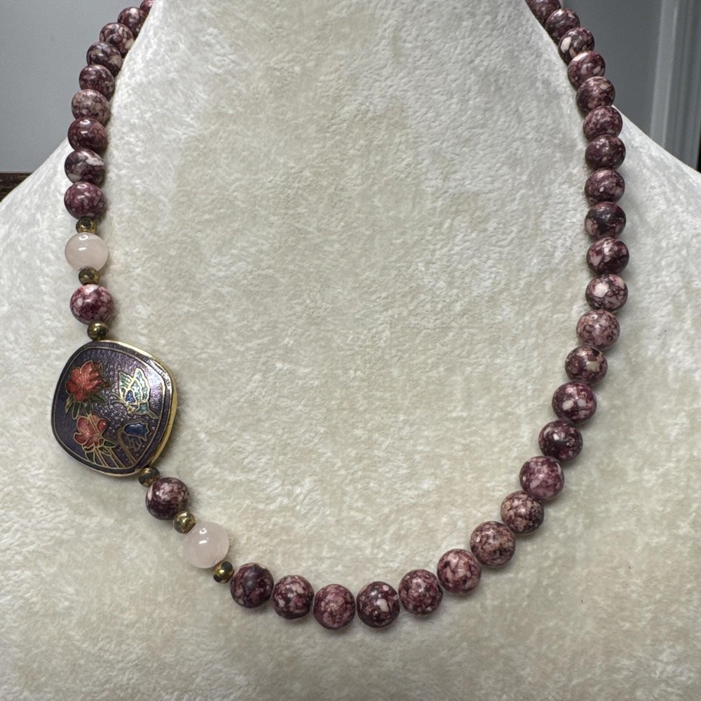 VTG‎ Cloisonne 2 Sided Pendant Purple Stone Rose Quarts Beaded Necklace 17" Boho